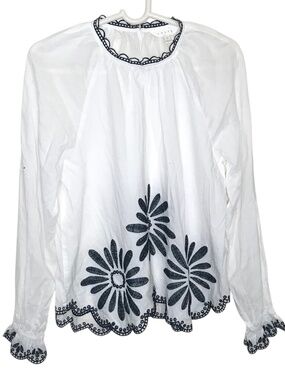Adiva White Embroidered Peasant Blouse Boho Cottagecore Top Size L